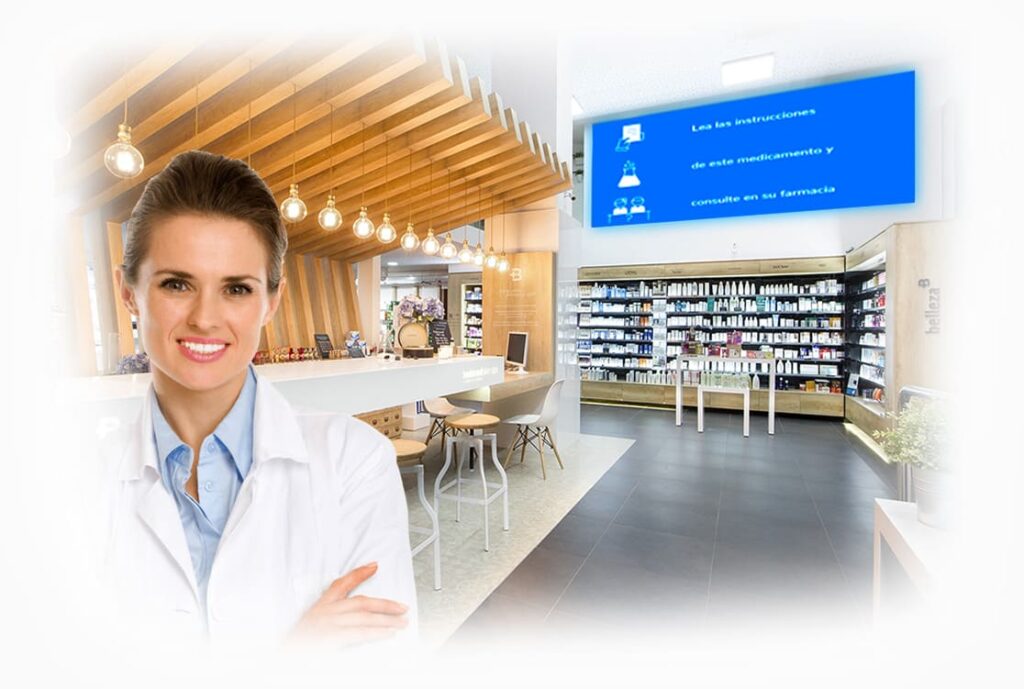 pantalla led de interior en farmacia alto brillo